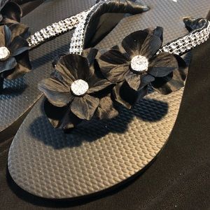 Black & Silver Flower Embellished Flip Flops